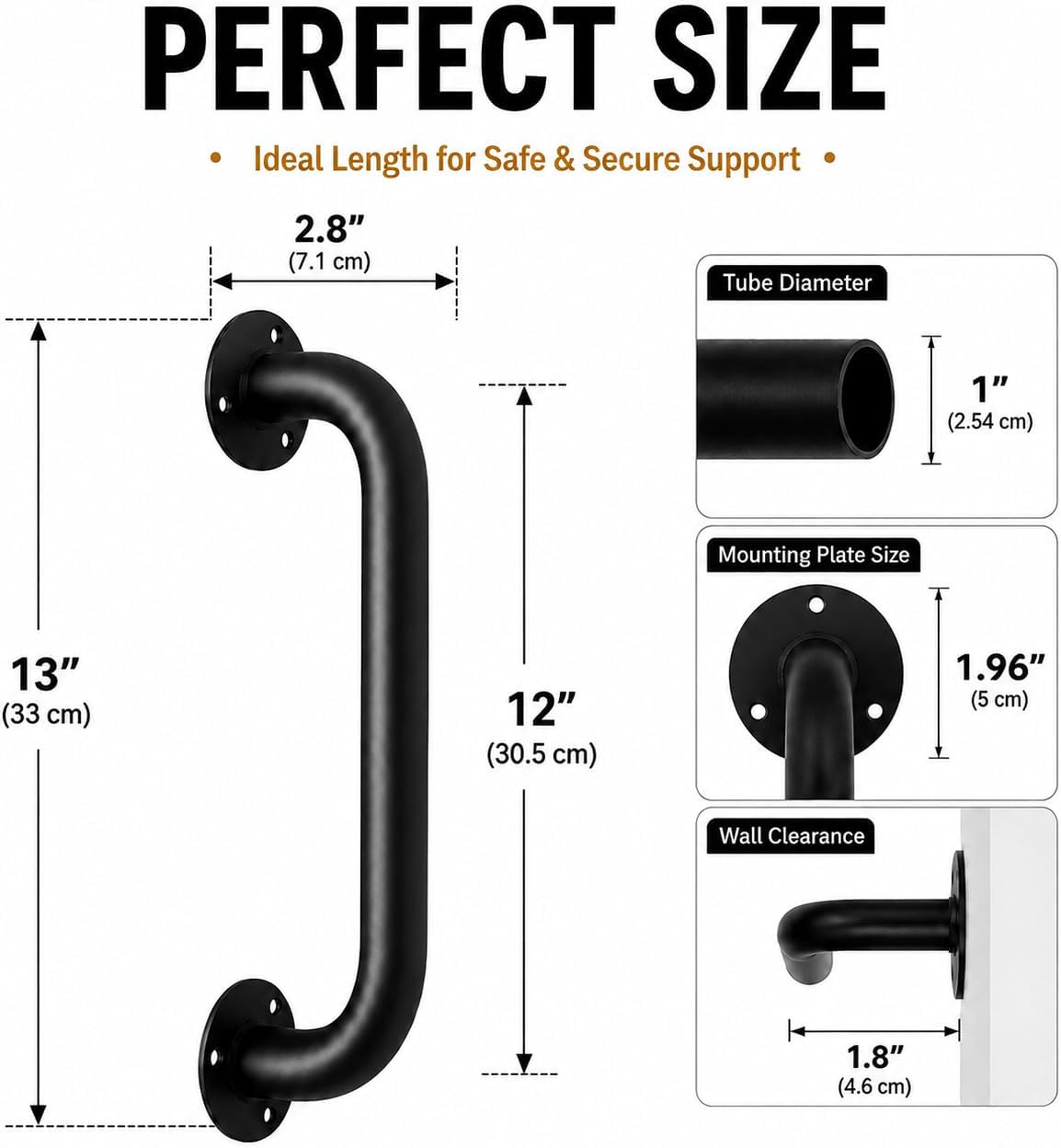 12 Inch Black Metal Wall Mount Stair Handrail Grab Bar 1Pack