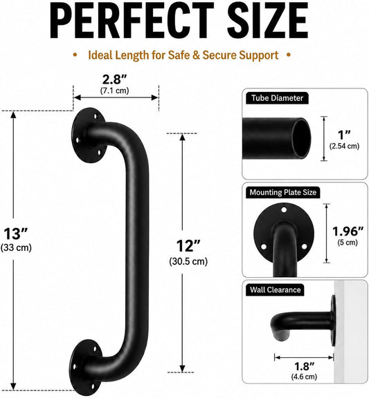 12 Inch Black Metal Wall Mount Stair Handrail Grab Bar 1Pack