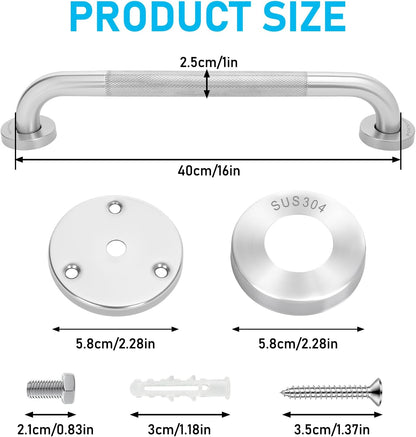 2-Pack Shower Grab Bars & Bathtub Safety Handles - 304 Stainless Steel Textured Non-Slip Assist Rails for Seniors & Mobility Support - Anti-Fall Bathroom Support for Tub, Shower & Toilet Area, 16 Inch