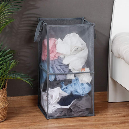 HONOMA Laundry Bags Hamper Bag with Handles,Portable & Collapsible Dirty Clothes Mesh Basket Foldable for Washing Storage, Kids Room,Dorm or Travel (Black,Double-Layer)