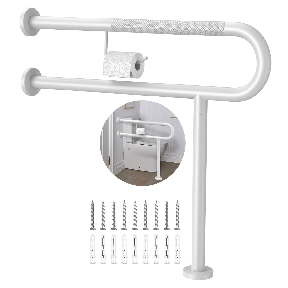 ZUEXT 24 Inch Brushed Nickel Wall to Floor Toilet Grab Bar w/Paper Holder