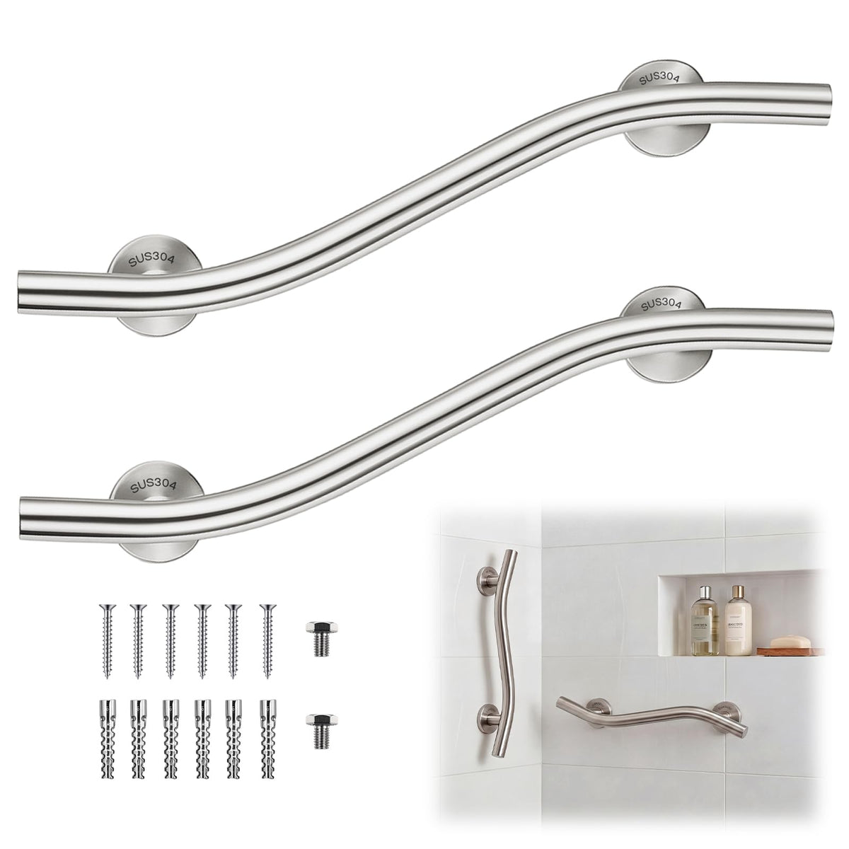 2 Pack Wave Grab Bar Decorative 16 Inch Stylish Stainless Steel Brushed Finish Safety Shower Bar Wall Mounted for Bathroom Bathtubs Toilet Steps Bed Seniors Elderly Handicap Pregnant Women
