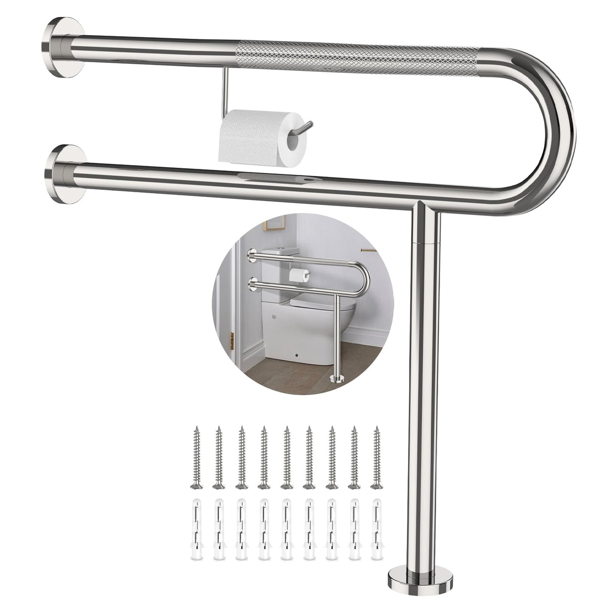 ZUEXT 24 Inch Brushed Nickel Wall to Floor Toilet Grab Bar w/Paper Holder