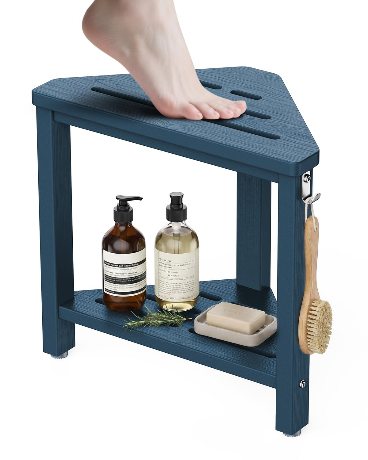 15" Shower Foot Rest with Side Hook, HDPE Waterproof Corner Shower Stool for Shaving Legs, Anti-Slip Shower Bench with Storage Shelf for Inside Shower, Space-Saving Shower Seat for Small Showers, Gray