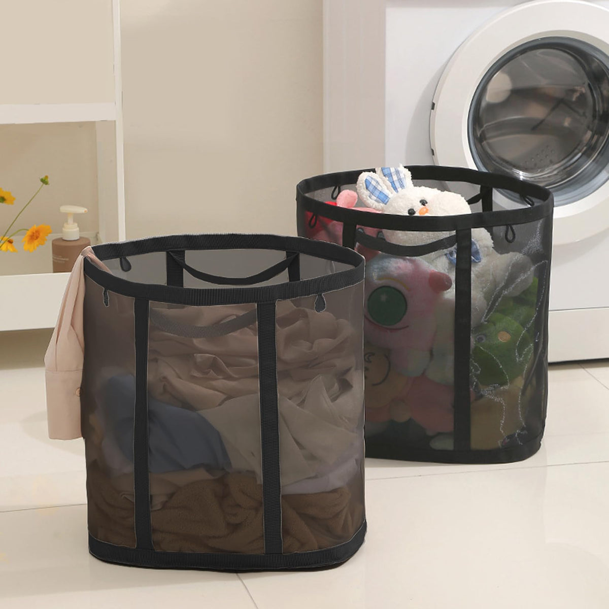 Mesh Bag with Handles, Collapsible Laundry Basket, Foldable Laundry Bag, Breathable Folding Beach Bag,Space-saving Travel Tote Bags (1, Black)