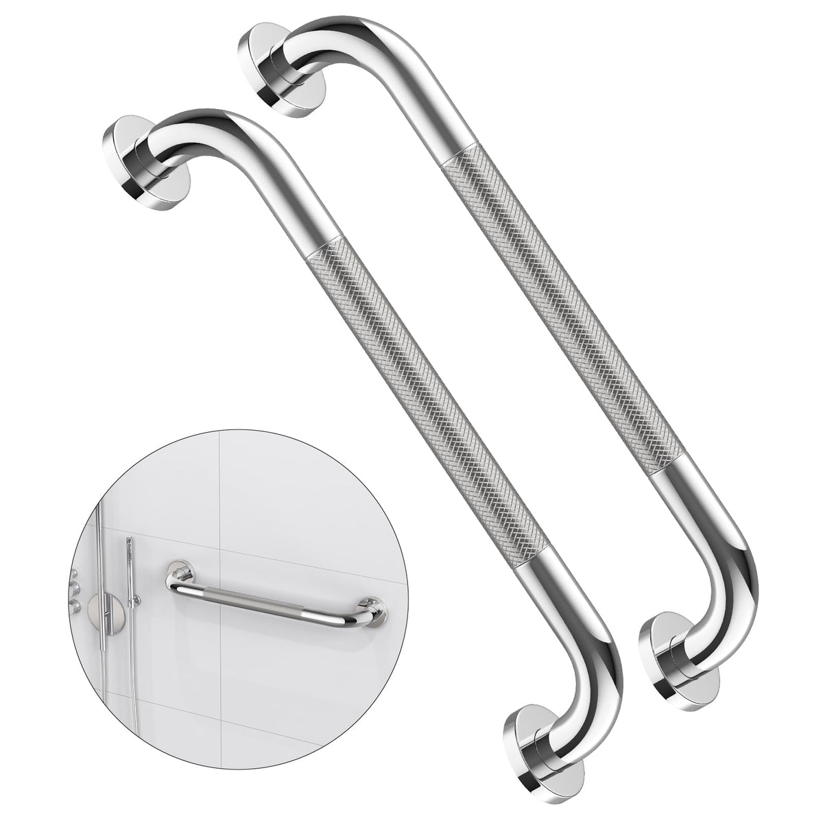 ZUEXT 2 Pack 16 Inch Chrome Anti Slip Shower Grab Bar with Knurled Grip