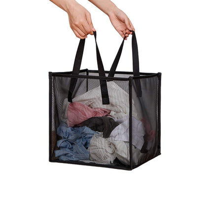 HONOMA Laundry Bags Hamper Bag with Handles,Portable & Collapsible Dirty Clothes Mesh Basket Foldable for Washing Storage, Kids Room,Dorm or Travel (Black,Double-Layer)