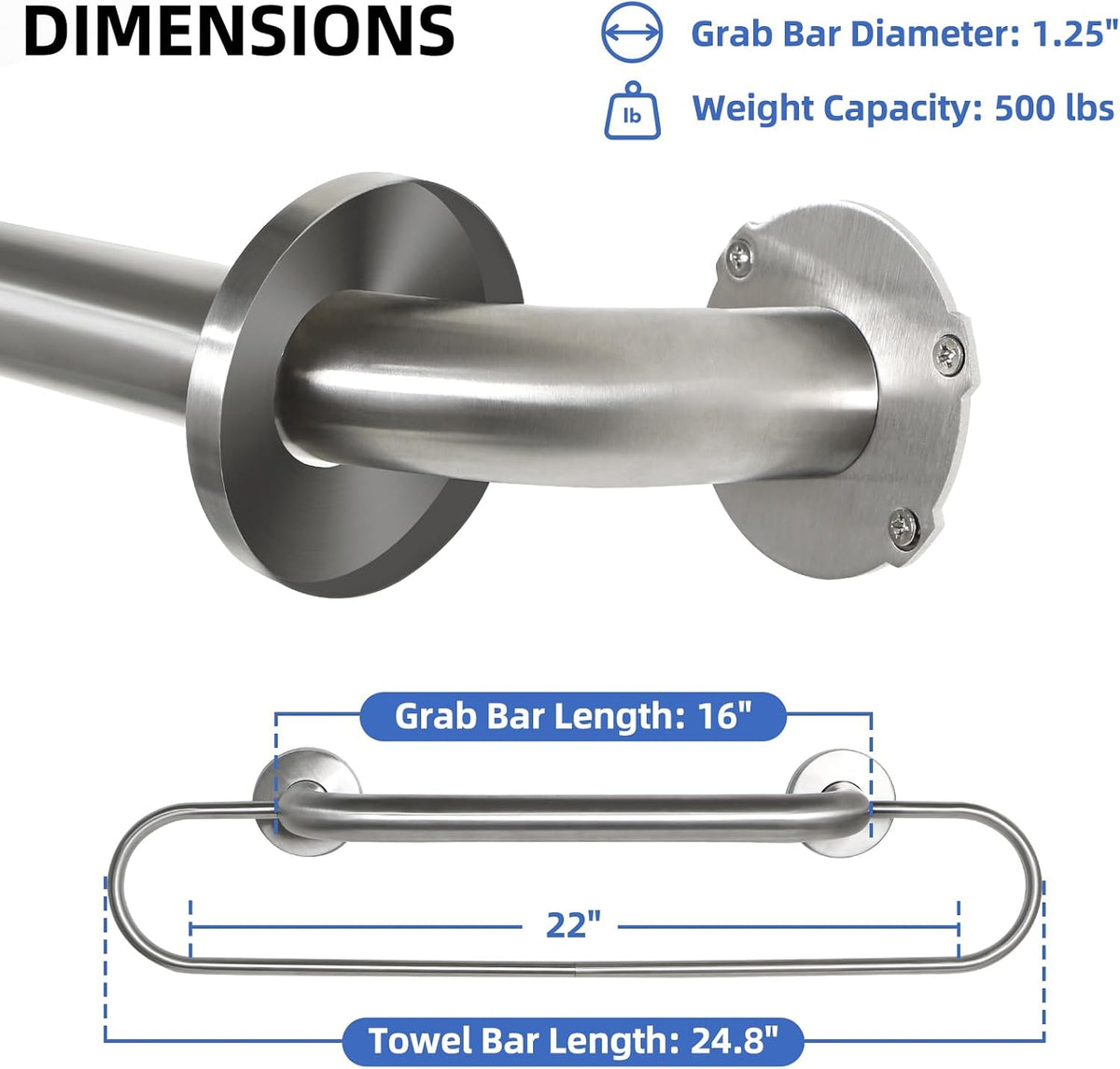 16 inch Grab Bar with 25 inch Towel Rack, Shower Grab Bar for Seniors, Safety Bars for Bathroom with Towel Holder, Wall Mount Grab Bar, Stainless Steel Support up to 500LBS