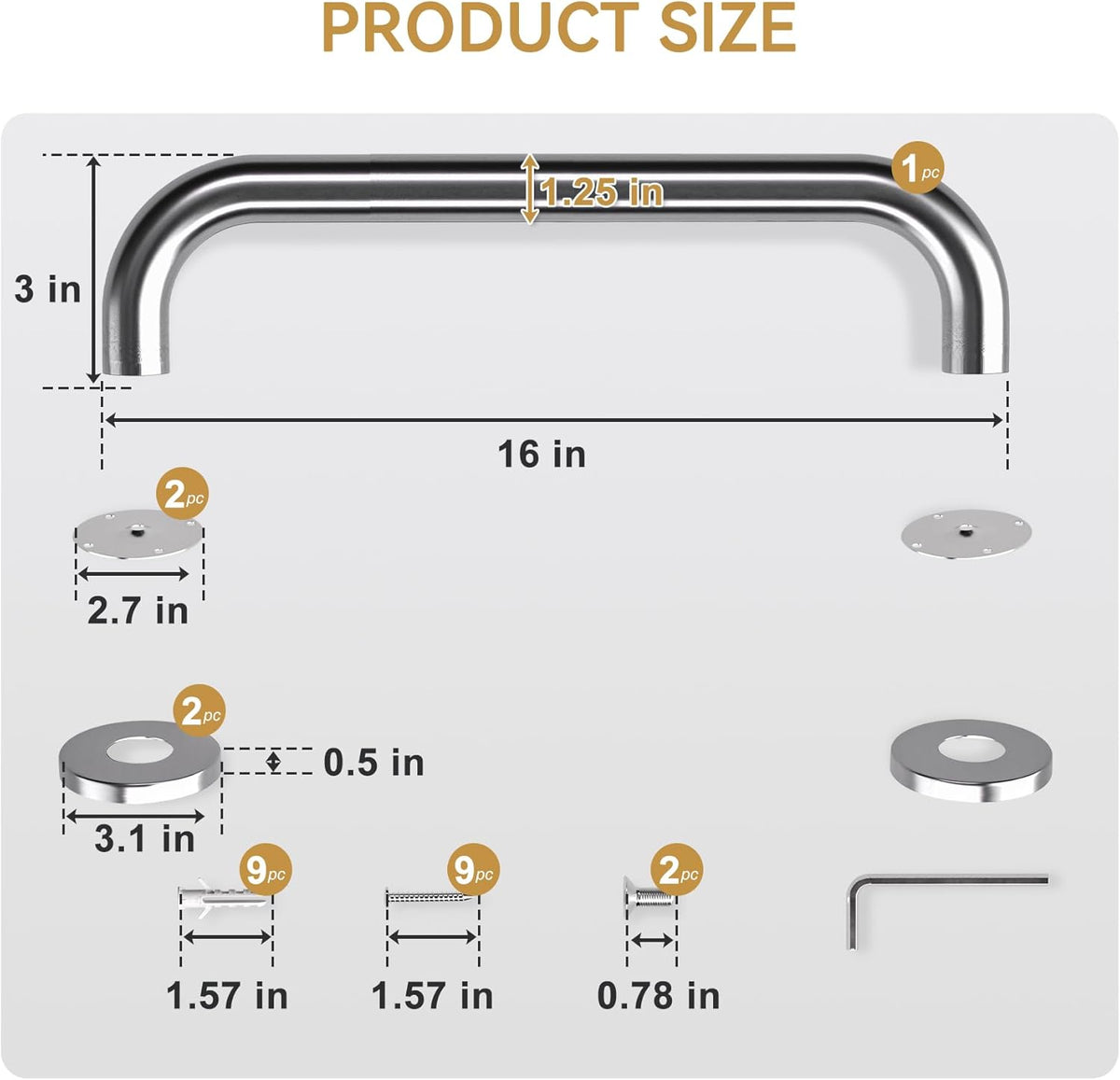 AmazerBath Shower Grab Bars for Seniors Anti Slip, Bath Safety Grab Bar for Needy, Stainless Steel Bathroom Safety Grab Bars, Thickened Bar Bigger Base Holds 500LBS, 16" L x 1.25" D, Brushed Nickel
