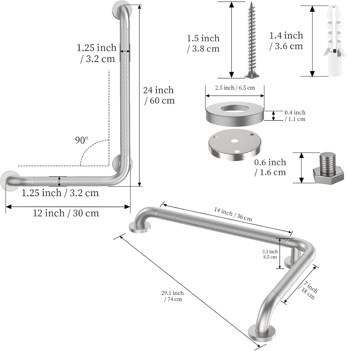 Brushed Nickel Angled Grab Bar 16x24 Inch, L-Shaped Grab Bars for Shower