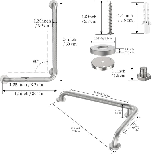 Brushed Nickel Angled Grab Bar 16x24 Inch, L-Shaped Grab Bars for Shower