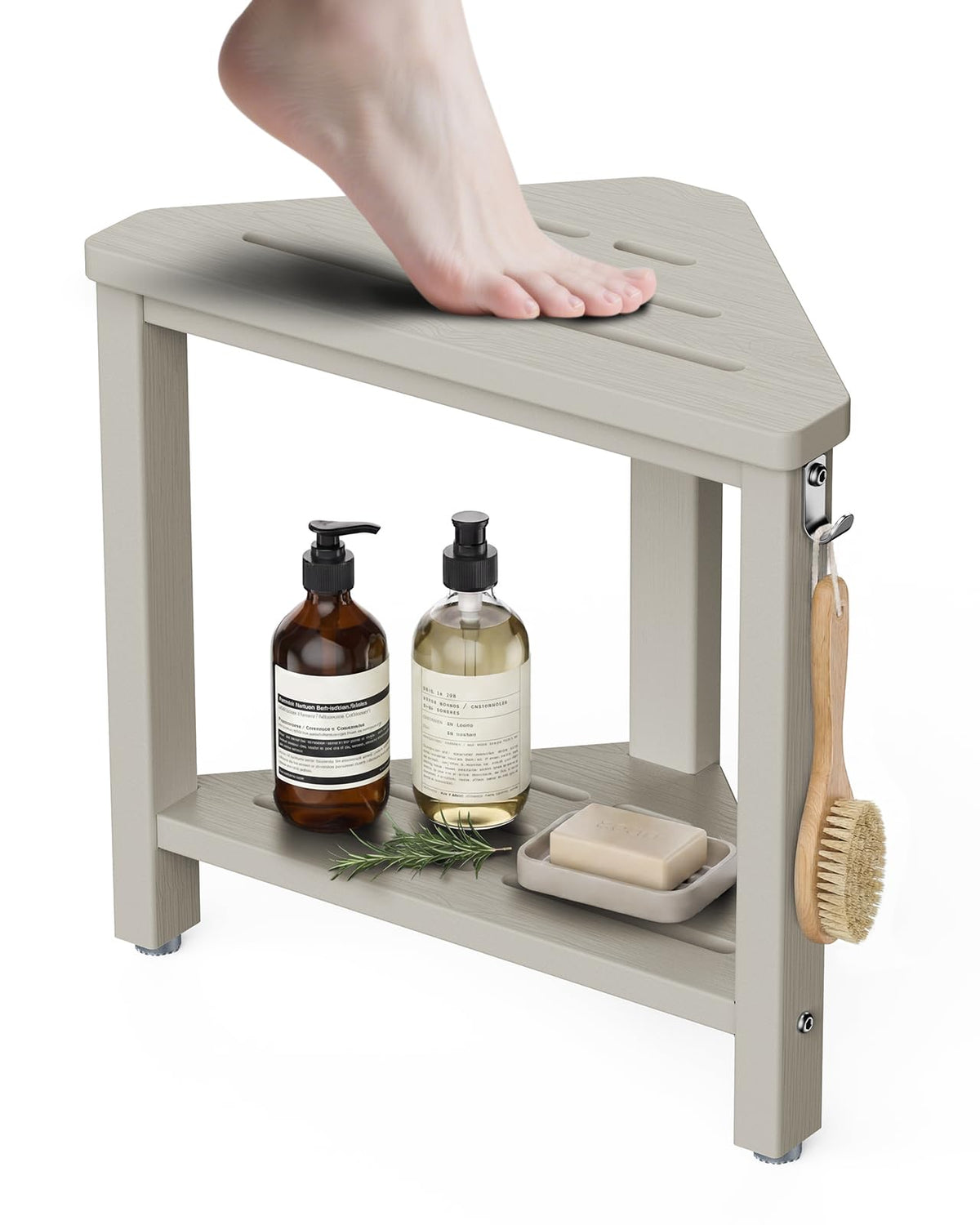 15" Shower Foot Rest with Side Hook, HDPE Waterproof Corner Shower Stool for Shaving Legs, Anti-Slip Shower Bench with Storage Shelf for Inside Shower, Space-Saving Shower Seat for Small Showers, Teak