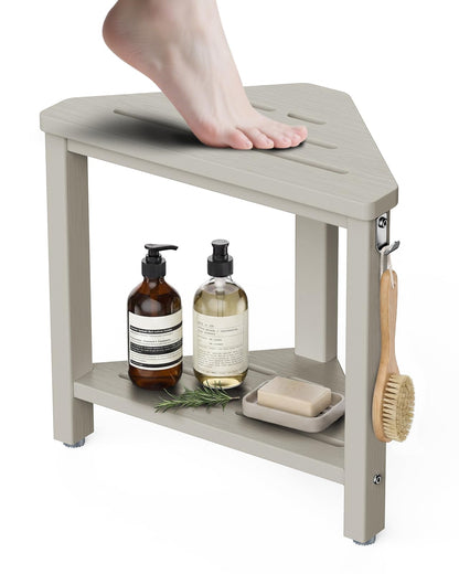 15" Shower Foot Rest with Side Hook, HDPE Waterproof Corner Shower Stool for Shaving Legs, Anti-Slip Shower Bench with Storage Shelf for Inside Shower, Space-Saving Shower Seat for Small Showers, Gray