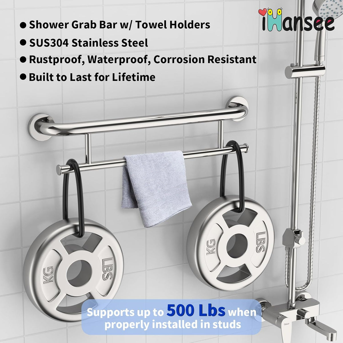 Polished Chrome Grab Bar with Towel Holder, Grab Bars for Shower 24 Inch