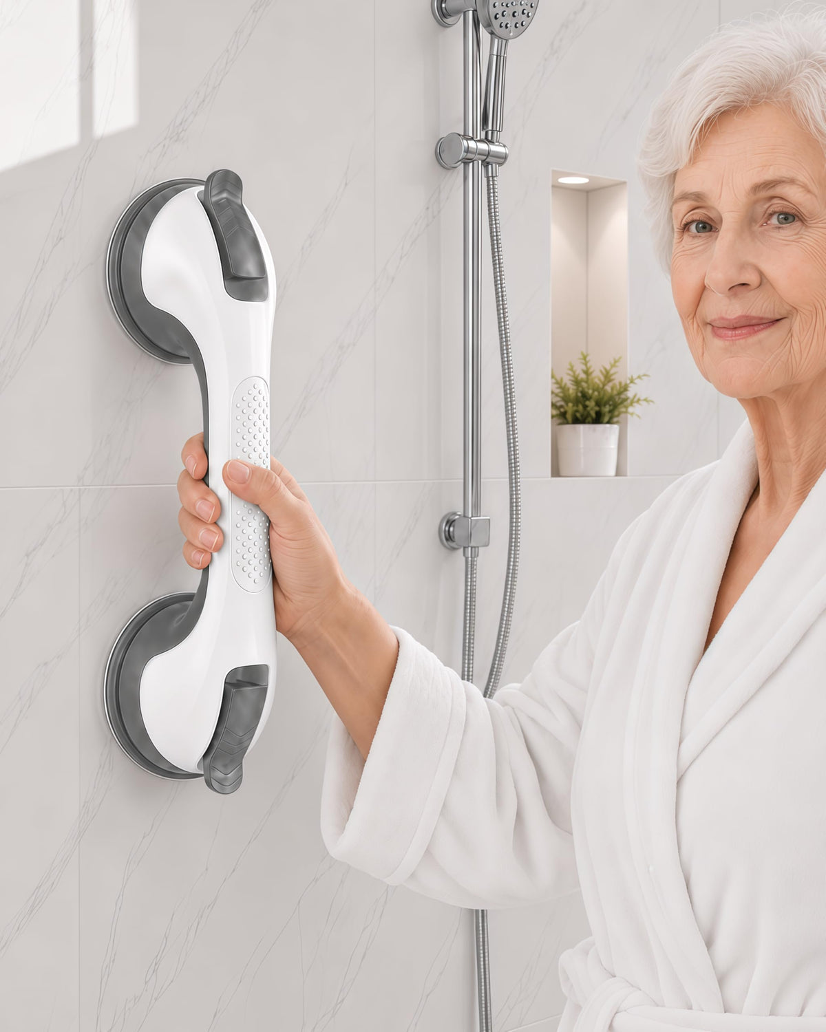 Suction Grab Bars for Shower, Gel-Enhanced Shower Handle for Senior, Silver