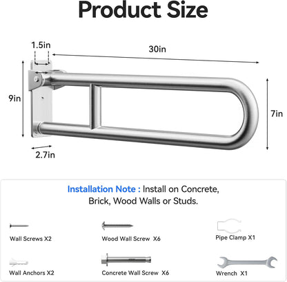 Toilet Grab Bar, Flip Up Foldable Bathroom Safety Handrail, Wall Mounted 304 Stainless Steel Support Rail for Elderly Seniors Handicap Toilet Assistance（30inch）