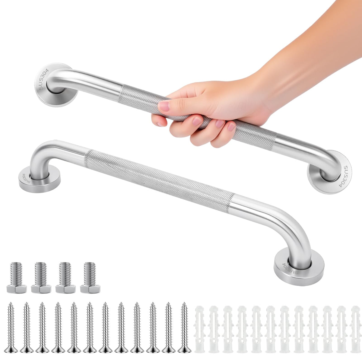 2-Pack Shower Grab Bars & Bathtub Safety Handles - 304 Stainless Steel Textured Non-Slip Assist Rails for Seniors & Mobility Support - Anti-Fall Bathroom Support for Tub, Shower & Toilet Area, 16 Inch