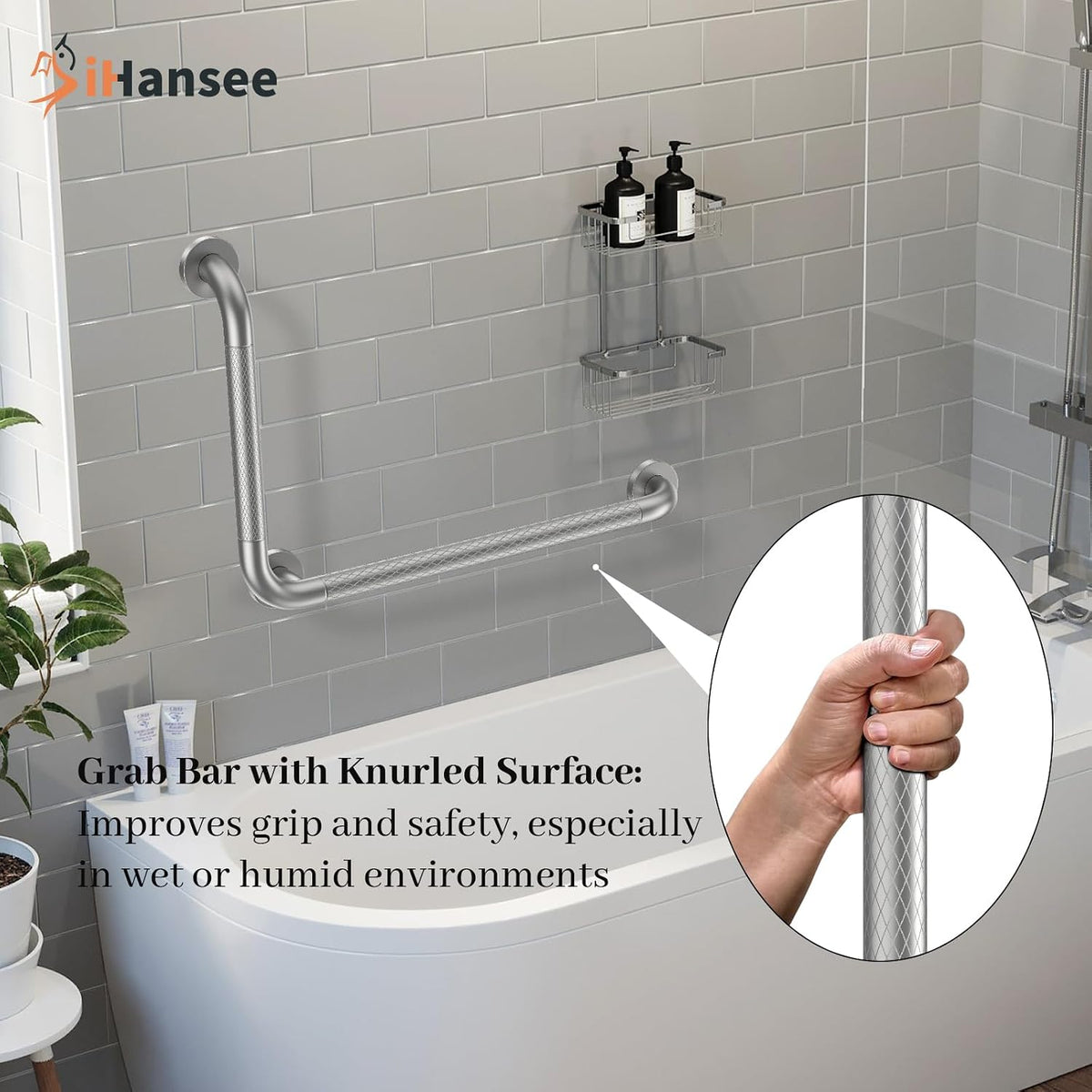 Brushed Nickel Angled Grab Bar 16x24 Inch, L-Shaped Grab Bars for Shower