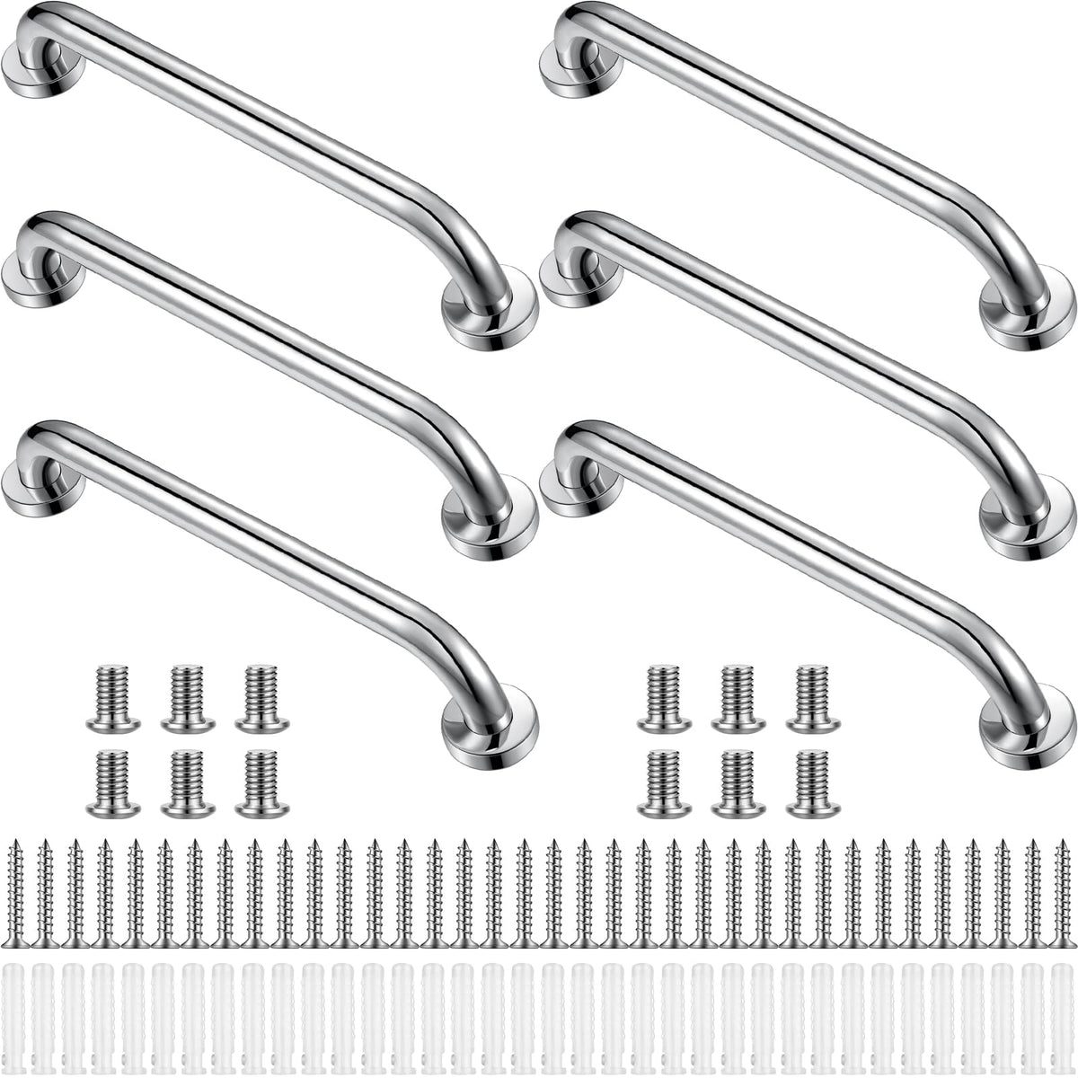 Therwen 6 Pack 12/18/24 Inch Shower Grab Bars Stainless Steel Bathroom Handicap Heavy Duty Handle Anti Slip Bathtub Handle Support Balance Hand Rail for Bathroom Wall Elderly Pregnant Seniors (Silver)
