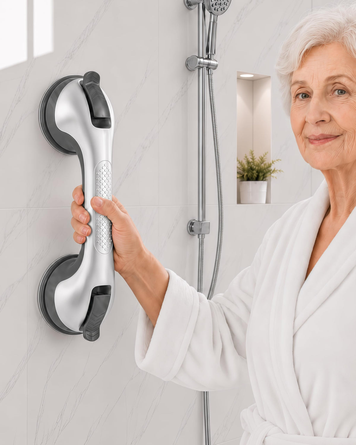 Suction Grab Bars for Shower, Gel-Enhanced Shower Handle for Senior, Silver