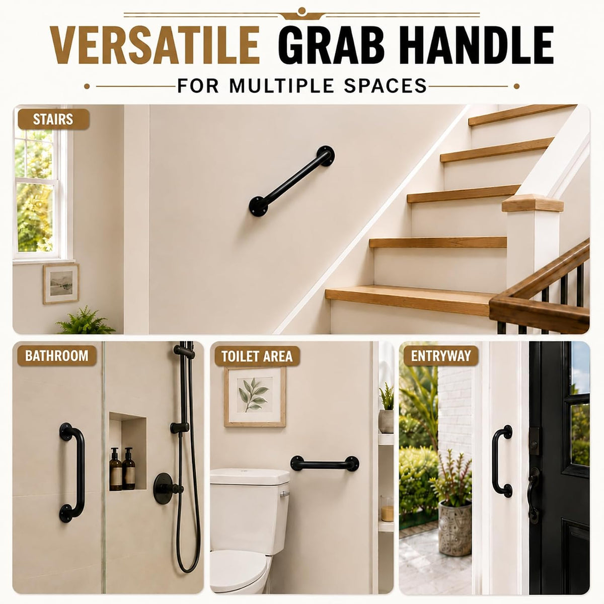 12 Inch Black Metal Wall Mount Stair Handrail Grab Bar 1Pack