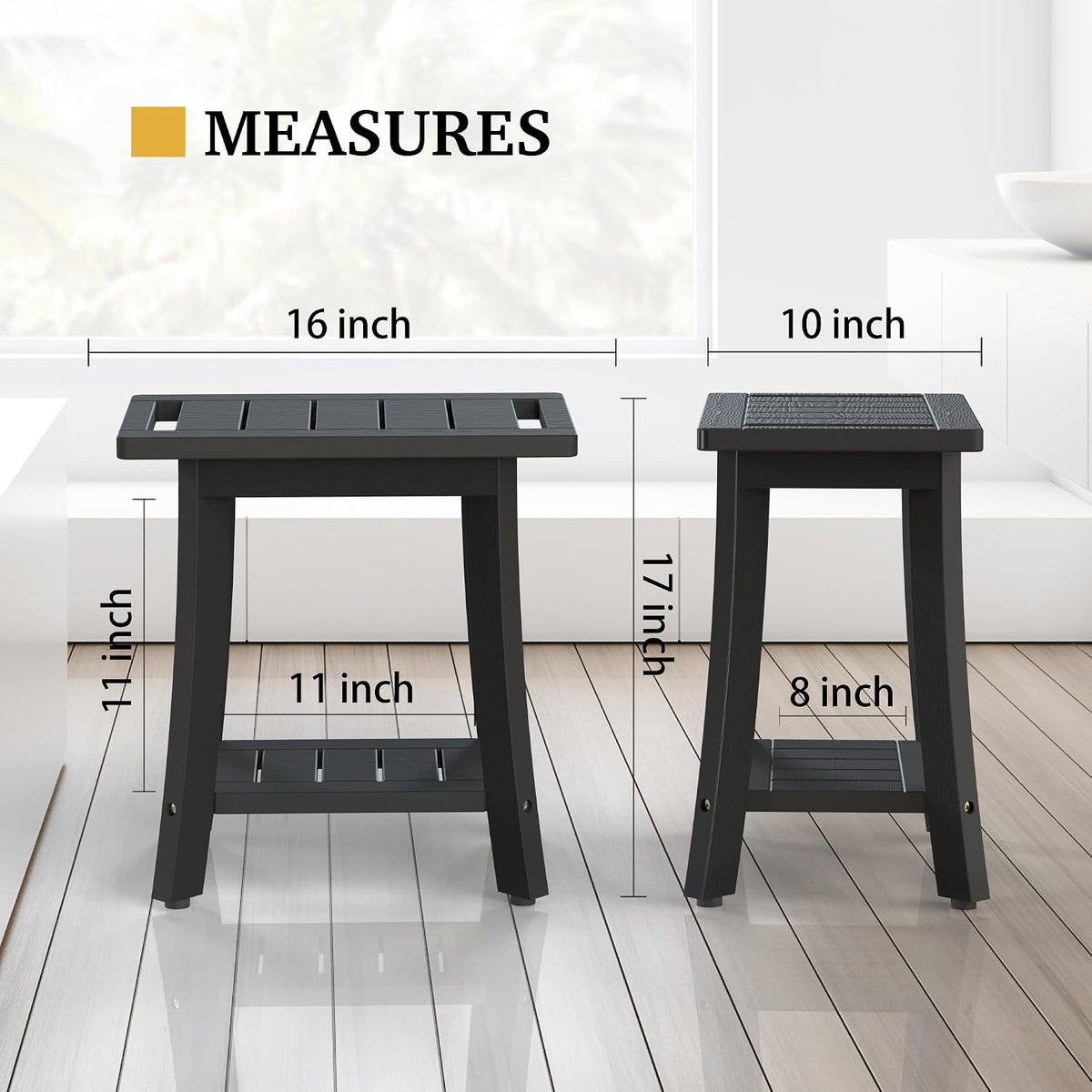 HIPS Shower Bench Inside Shower Stool with Storage Shelf, Waterproof Spa Bath Chair for Bathroom, Seat or Organizer for Living Room, Bedroom - Great for All Ages Unisex Elderly (Small, Black)