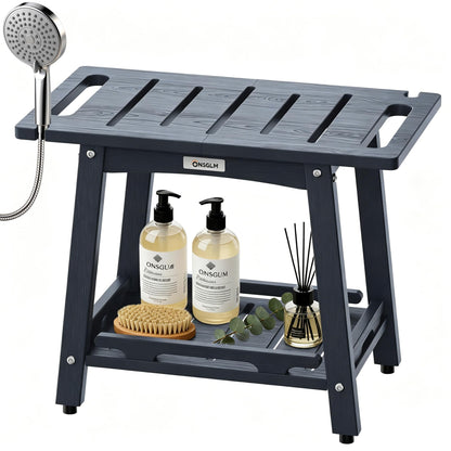 Shower Bench Seat, Non-Slip Shower Benches for Inside Shower to Sit on, HDPE Waterproof Shower Stool for Shaving Legs, Shower Chair with Adjustable Feet for Bathroom, Indoor/Outdoor Use, Black