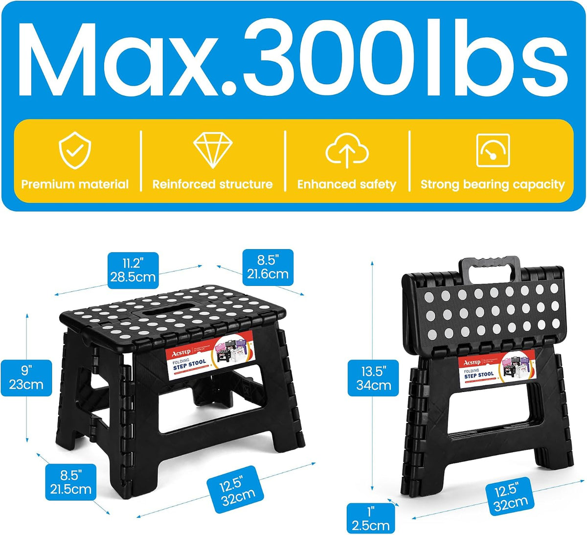 ACSTEP Folding Step Stool 9 Inch, Non-Slip Foldable Stools for Kids, Black