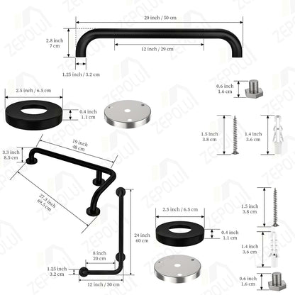 Black Angled Grab Bar 12x24 Inch, L-Shaped Grab Bar for Bathtub and Shower