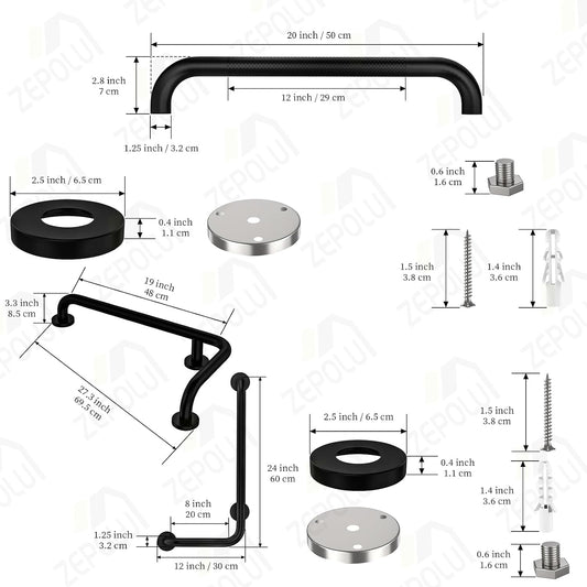 Black Angled Grab Bar 12x24 Inch, L-Shaped Grab Bar for Bathtub and Shower