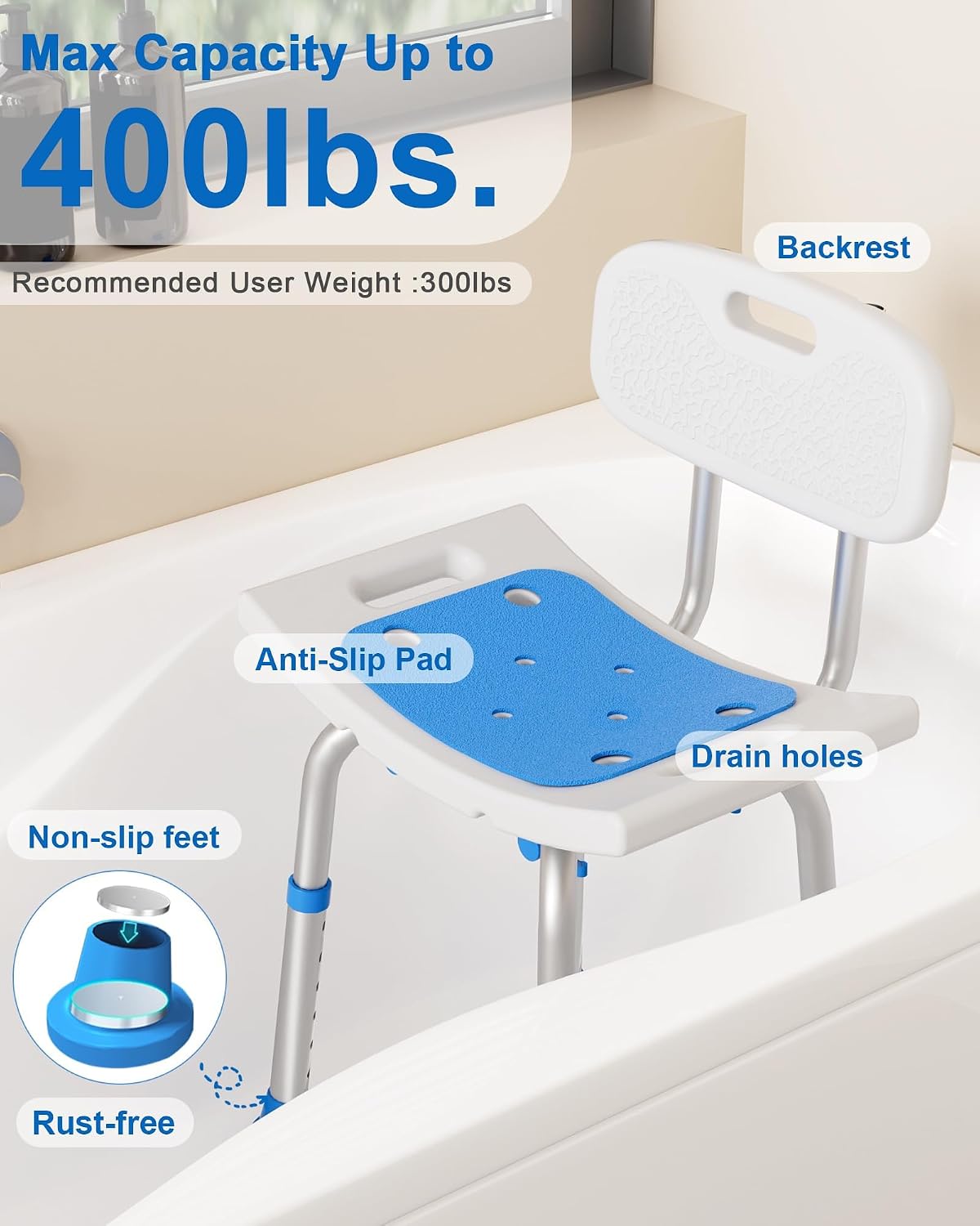 HOMLAND Shower Chair for Inside Shower with Removable Back, Aluminum Frame