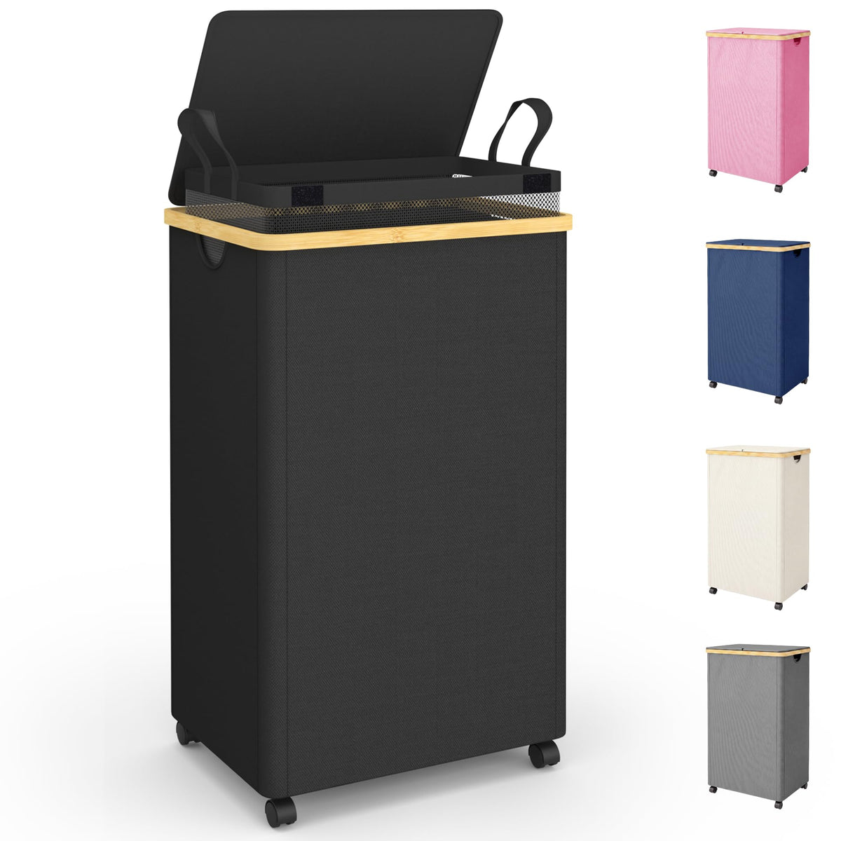 efluky 100L Laundry Basket with Wheels and Lid, Rolling Laundry Hamper with Bamboo Handles and Removable Bag, Dirty Clothes Hamper on Wheels for Laundry Room Organizer, Dorm