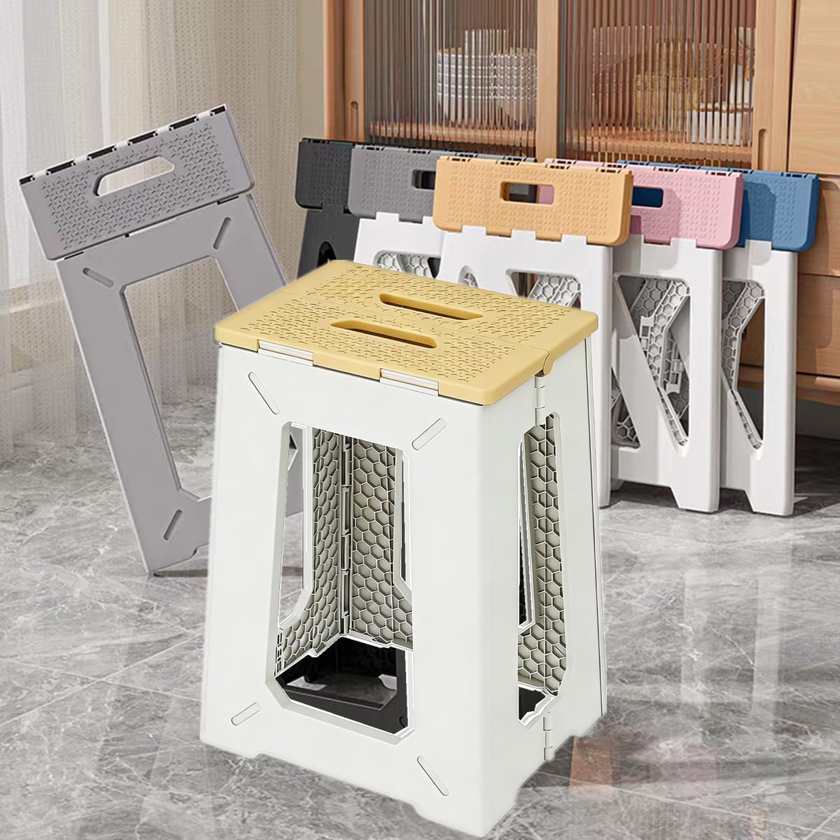 Foldable Shower Bath Safety Chair Seat Stool, Yellow 17.7 Inch High Anti-Slip Bench Bathtub Stool for Elderly or Seniors