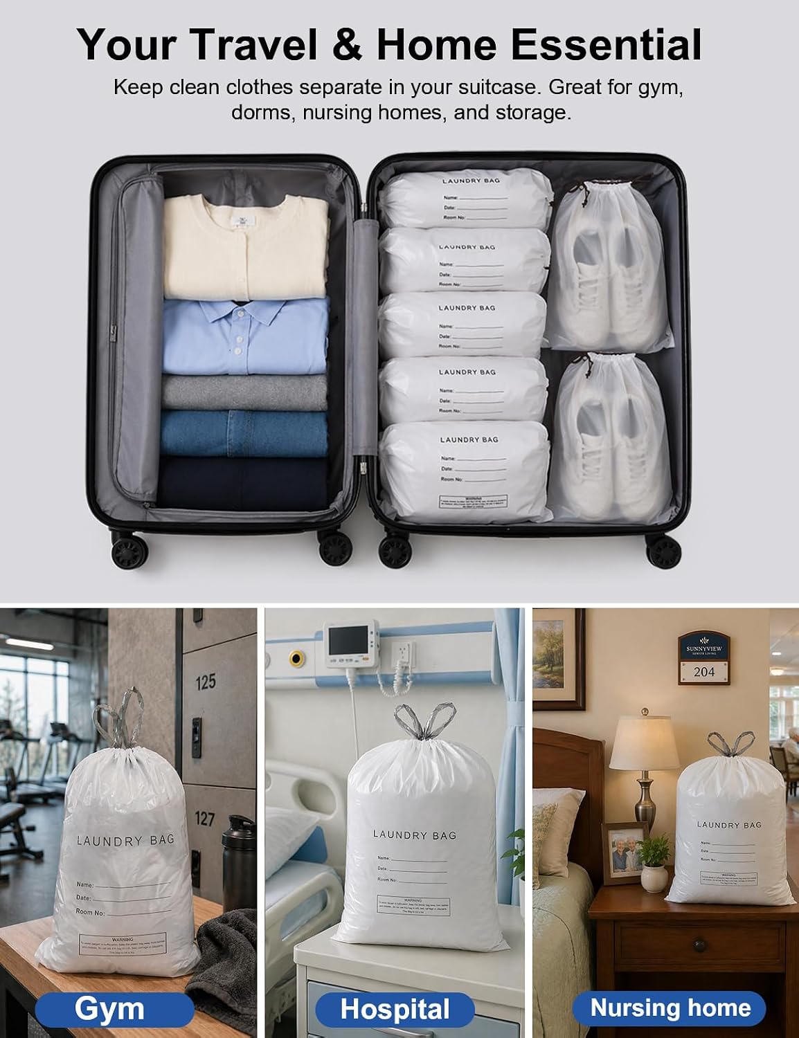 100 Pack Large Hotel Laundry Bags with 10 Pack Shoe Bags- 20.87 x 15.75 Inch Disposable Plastic Bags Bulk for Travel, Airbnb, Cruise, Hospital and Nursing home- Dirty Clothes Bag with Writing Strips