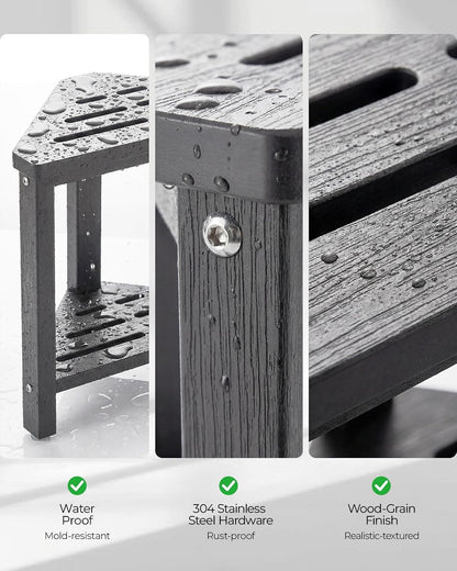 15" Shower Foot Rest with Side Hook, HDPE Waterproof Corner Shower Stool for Shaving Legs, Anti-Slip Shower Bench with Storage Shelf for Inside Shower, Space-Saving Shower Seat for Small Showers, Gray