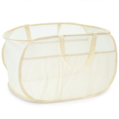 2 Pack Collapsible Laundry Baskets, Upgrade Pop Up Laundry Hamper with Convenient Bags, Foldable Laundry Basket Mesh Light Weight, Easy to Carry Clothes Hampers for Laundry, Dorm, Toys, Travel White
