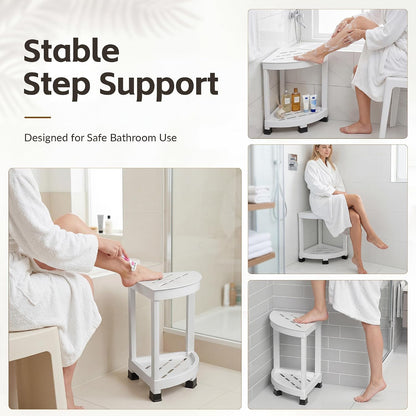 Corner Shower Shelf with 2-Tier Storage, Waterproof Bathroom Organizer & Shower Stool for Inside Shower, Small Corner Side Table with Non-Slip Feet for Bathroom, Bedroom & Living Room, White