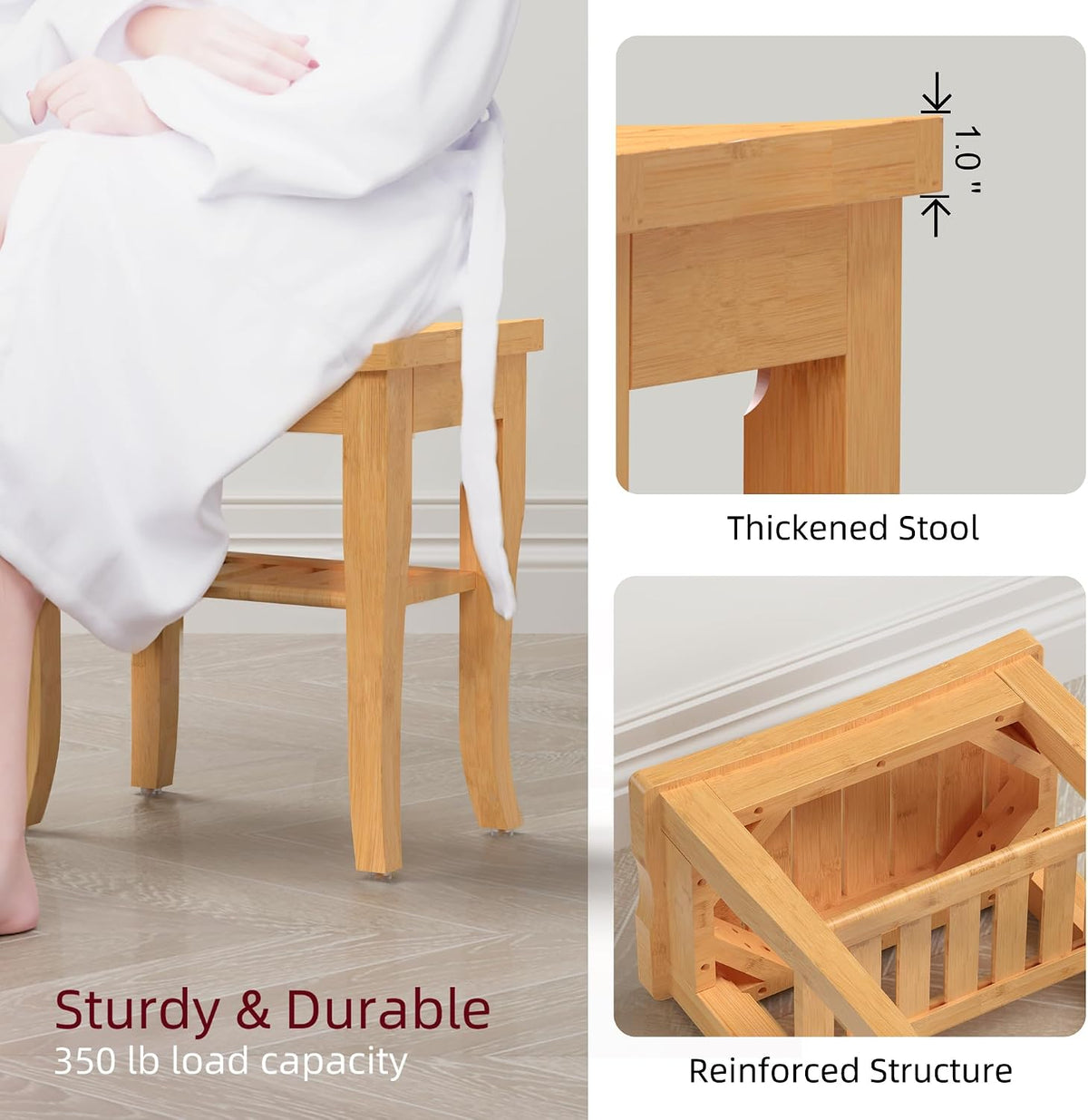 Bamboo Shower Bench, Spa Small Shower Stool for Inside Shower Waterproof, Bathroom Bench Seat with Storage Shelf for Adults Elderly Seniors, Wood Chair for Indoor or Outdoor Use, Natural