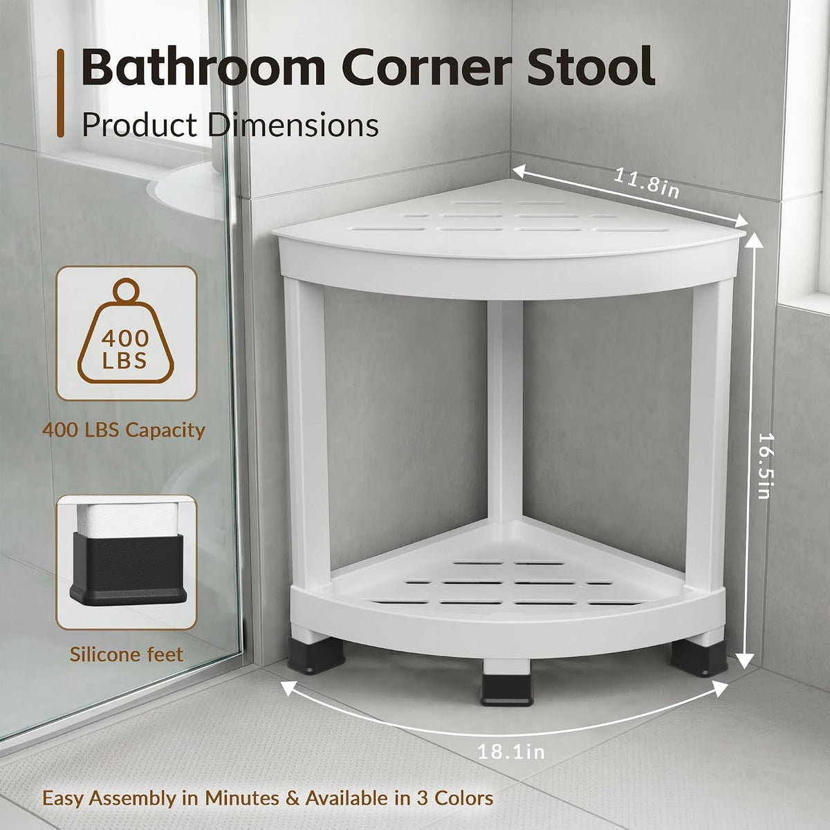 Corner Shower Shelf with 2-Tier Storage, Waterproof Bathroom Organizer & Shower Stool for Inside Shower, Small Corner Side Table with Non-Slip Feet for Bathroom, Bedroom & Living Room, White