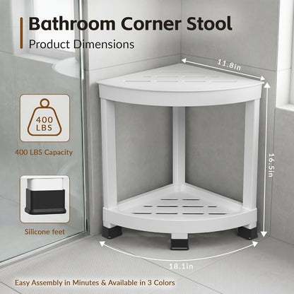 Corner Shower Shelf with 2-Tier Storage, Waterproof Bathroom Organizer & Shower Stool for Inside Shower, Small Corner Side Table with Non-Slip Feet for Bathroom, Bedroom & Living Room, White
