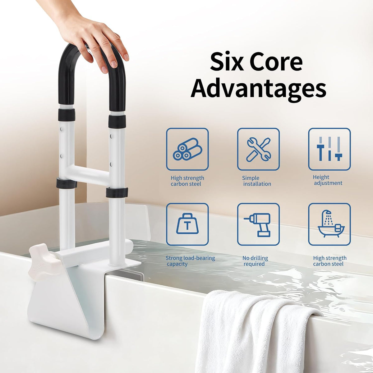 Adjustable Bathtub Handle and Grab Bar, Bathtub Safety Rail with Non-Slip Grip for Seniors, Elderly, Fits 3.1 to 6.7 Inch Tub Walls, Supports 300 lbs
