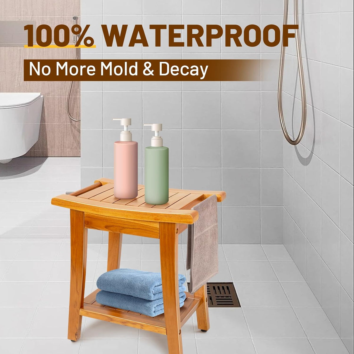 16" Compact Teak Shower Bench with Shelf & Handle, Solid Premium Teak Shower Stool, Durable Waterproof Seat for Inside Shower, Teak Wood Bench for Bathroom, Indoor & Outdoor Use