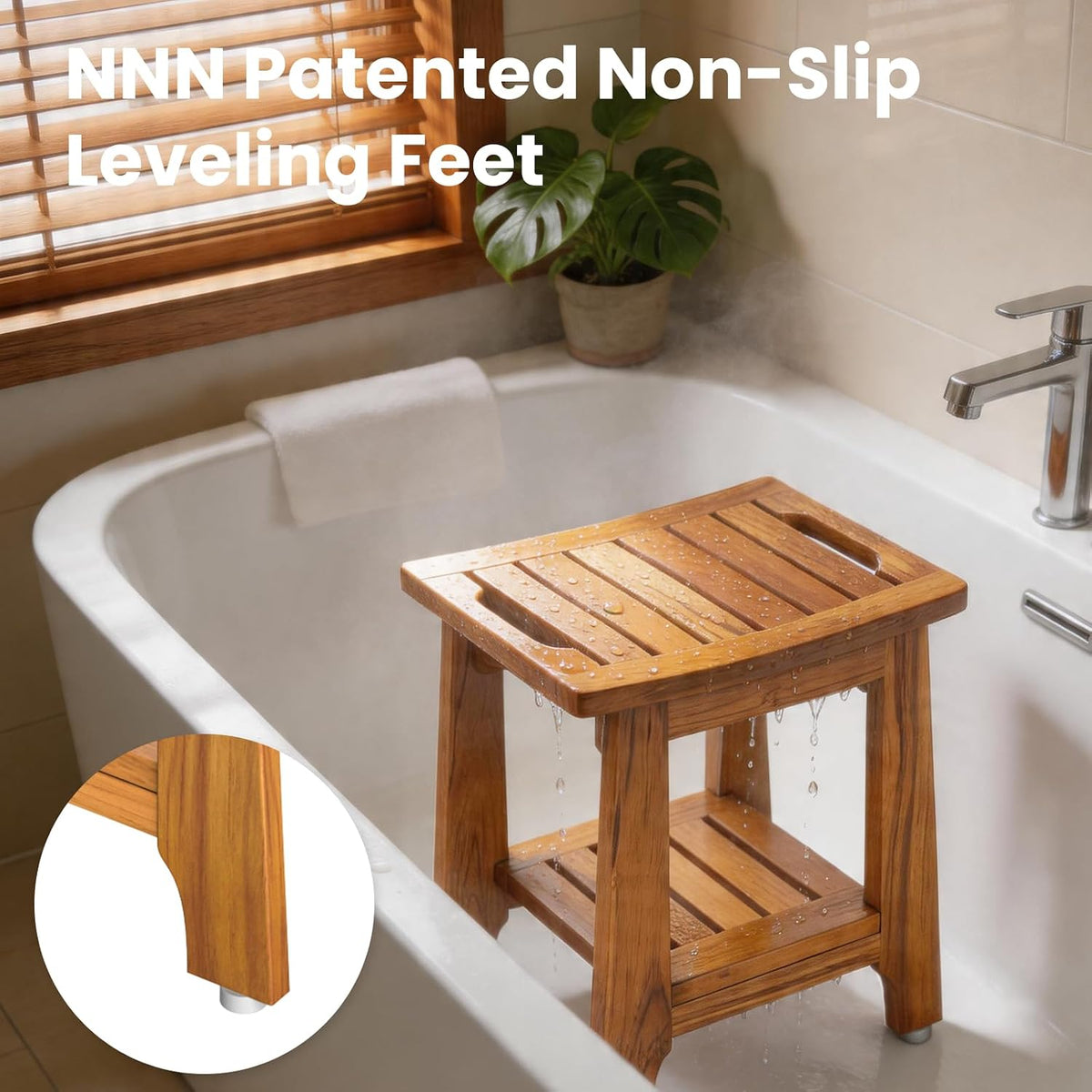 NNN 14" Compact Teak Shower Stool with Japan-Made Non-Slip Leveling Feet
