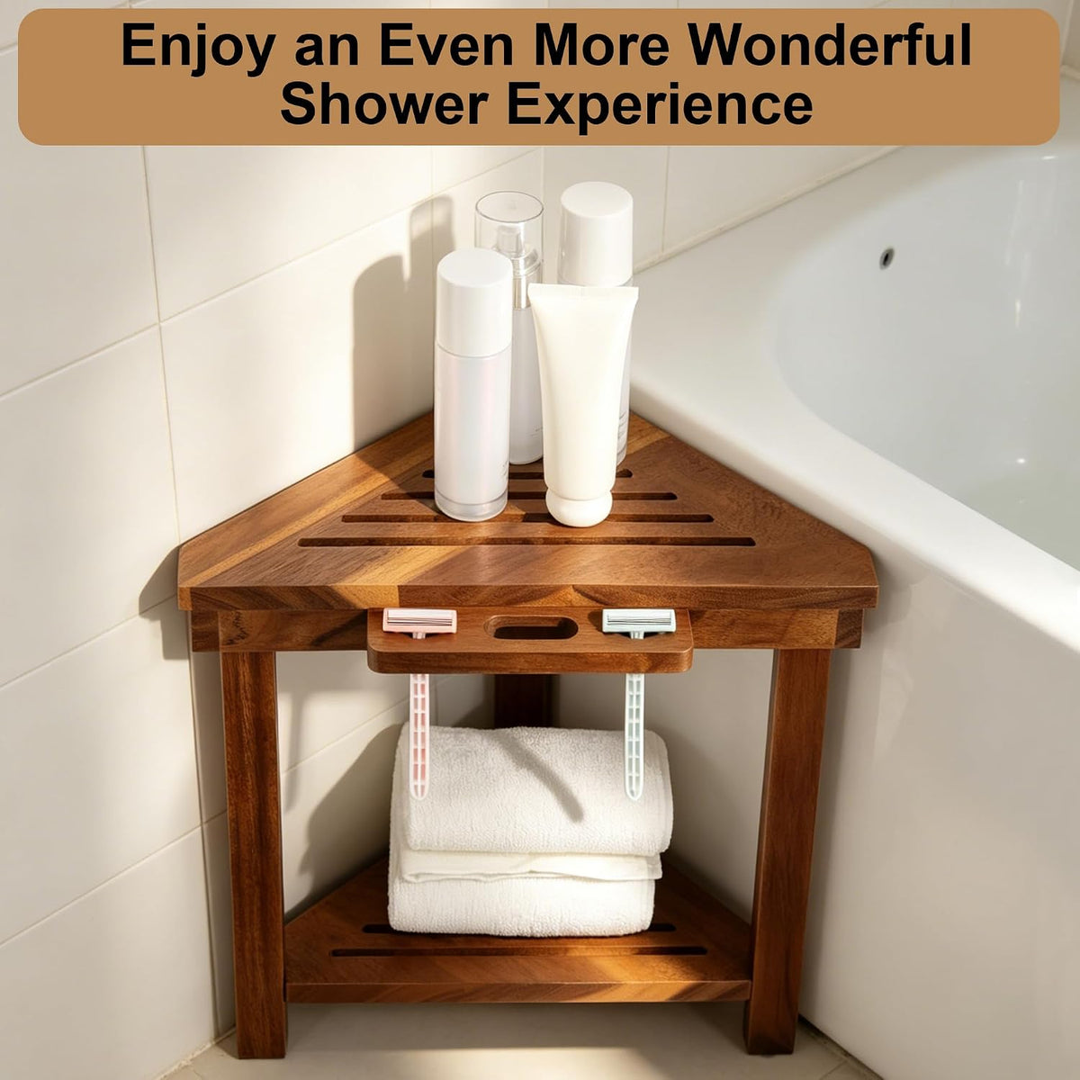 Shower Foot Rest for Shaving Legs, Corner Shower Bench with Razor Holder