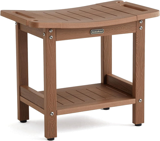 Poly Shower Stool for Inside Shower Waterproof, Shower Bench for Shaving Legs, Heavy Duty Plastic Bathroom Chair Seat with Handles & Adjustable Feet, Foot Rest, No Maintenance, Brown