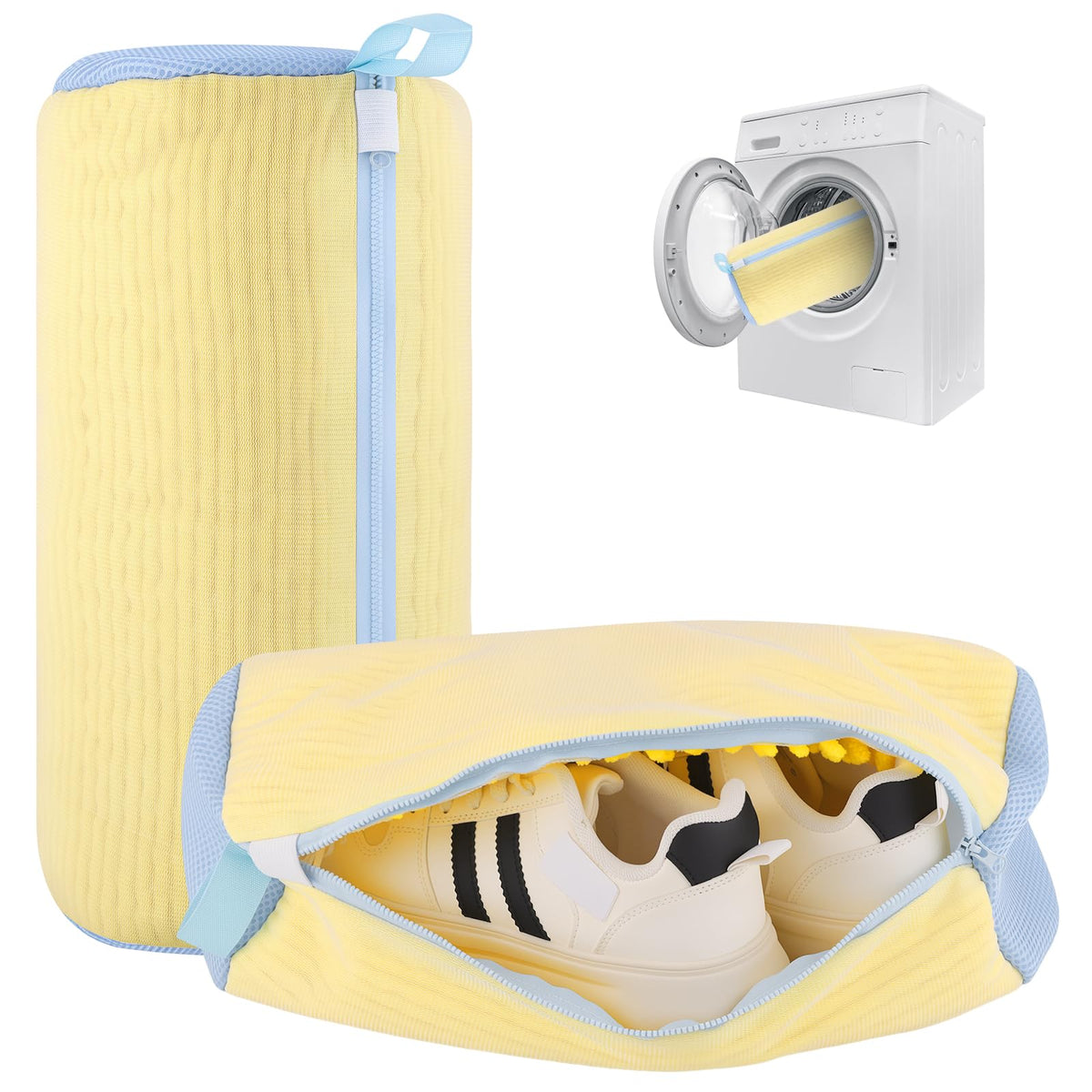 Dntorx 2 PCS Shoe Washing Machine Bag Shoe Laundry Bags, Yellow & Blue Chenille Mesh Shoe Bag for Washing Machine with L-Shaped Zipper, Fits Sneaker Tennis Shoes