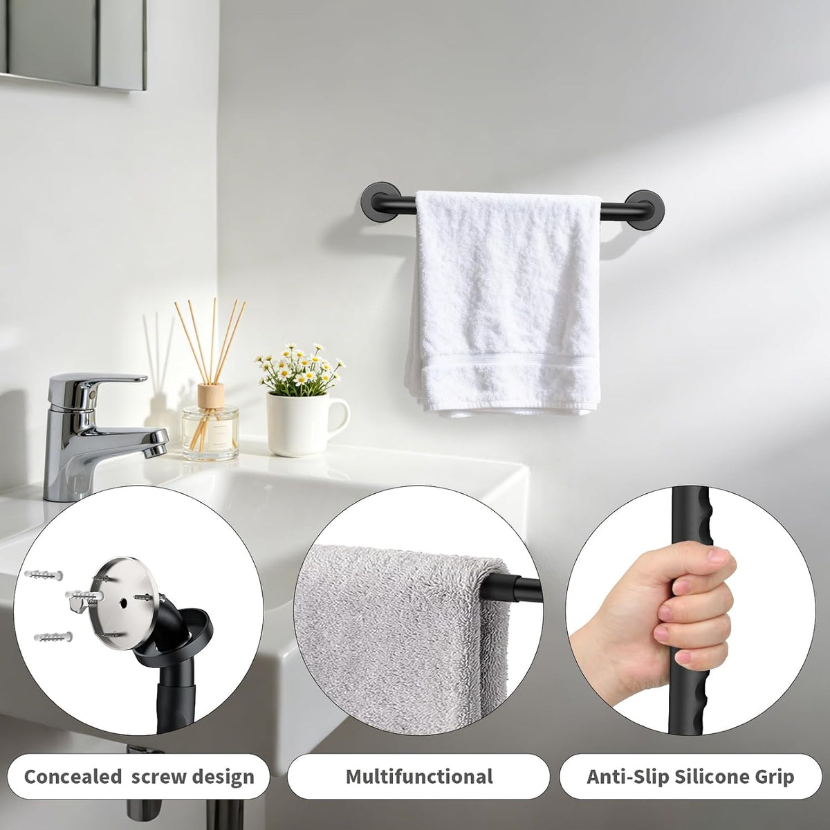 Anti-Slip Black Grab Bar 12 Inch, Grab Bar for Bathtub and Shower