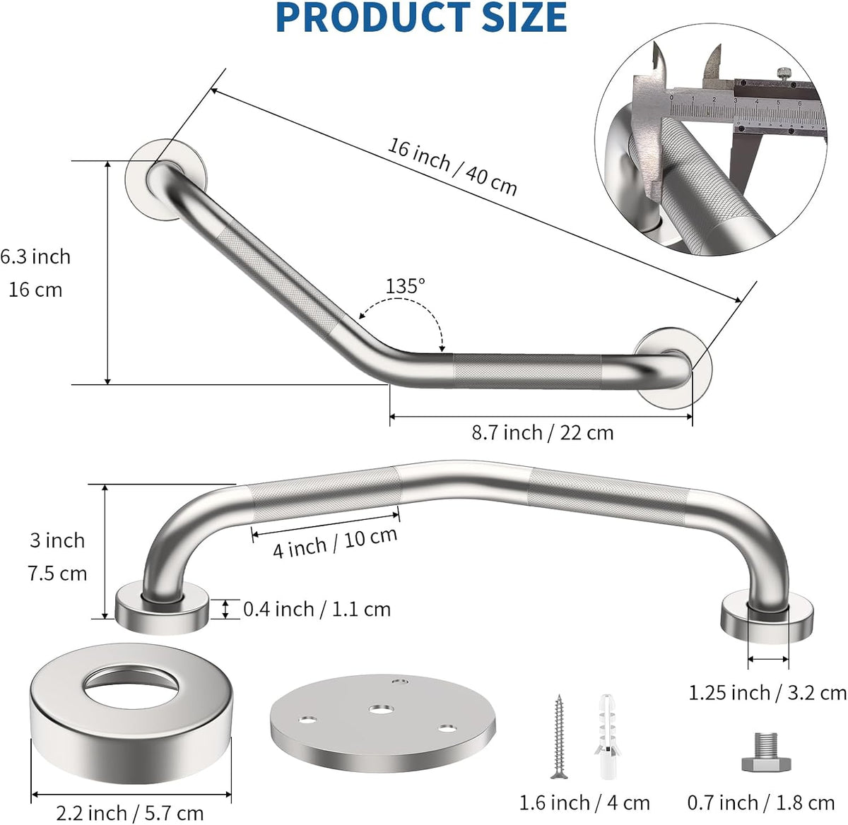 16 Inch Angled Shower Grab Bar, Munzong Brushed Nickel Bathroom Grab Bar