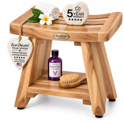 EcoDecors 18" Teak Shower Bench with Shelf, Solid Teak Wood Shower Stool