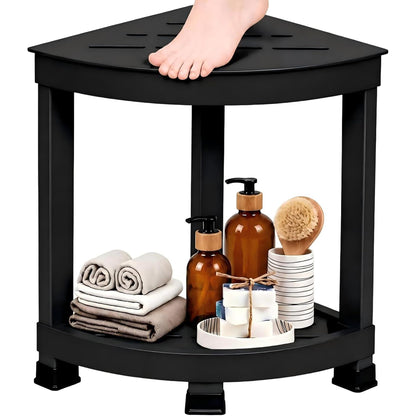 Corner Shower Shelf with 2-Tier Storage, Waterproof Bathroom Organizer & Shower Stool for Inside Shower, Small Corner Side Table with Non-Slip Feet for Bathroom, Bedroom & Living Room, White